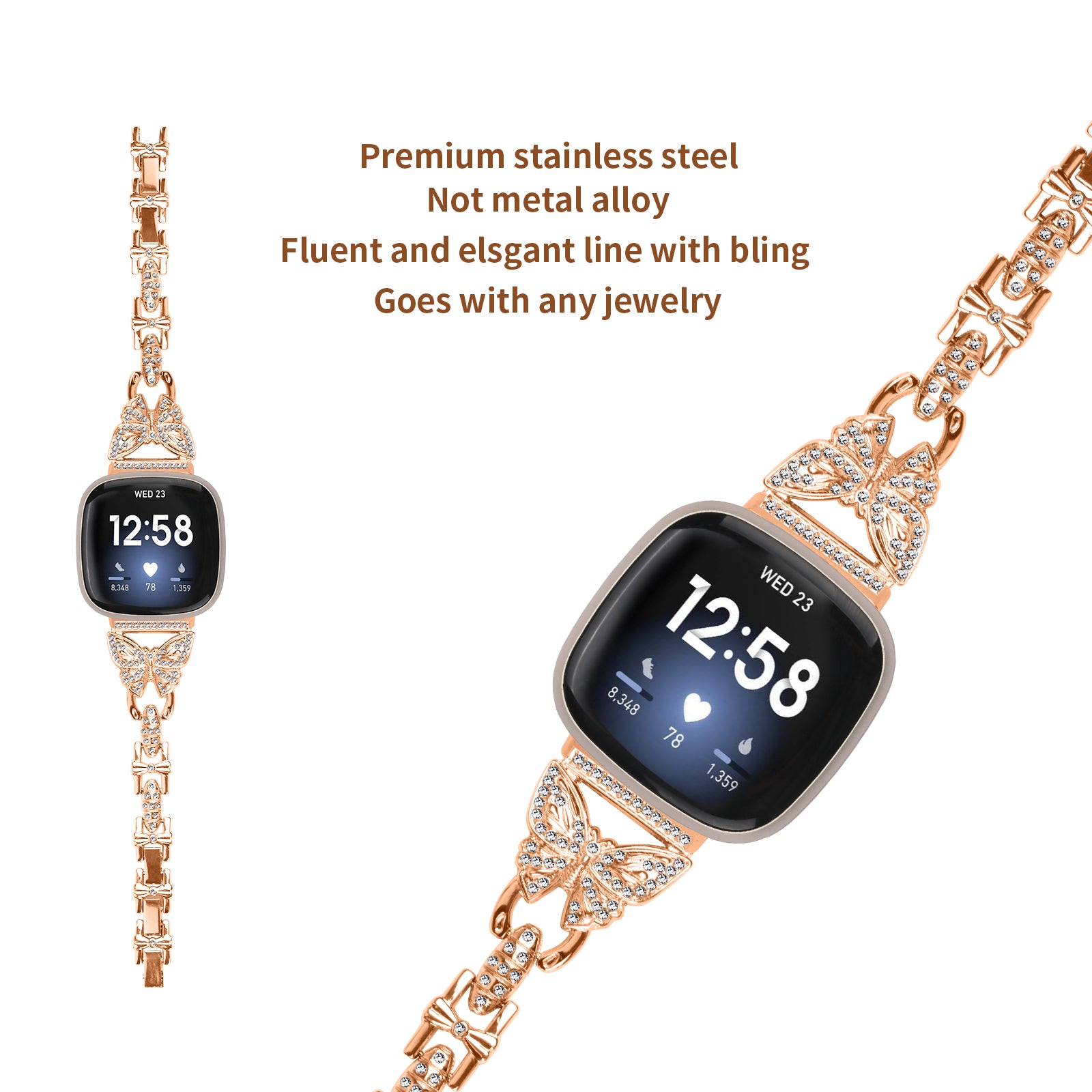 Uniqkart for Fitbit Versa 3 / Sense Stainless Steel Bracelet Butterfly Rhinestone Decor Watch Band - Rose Gold