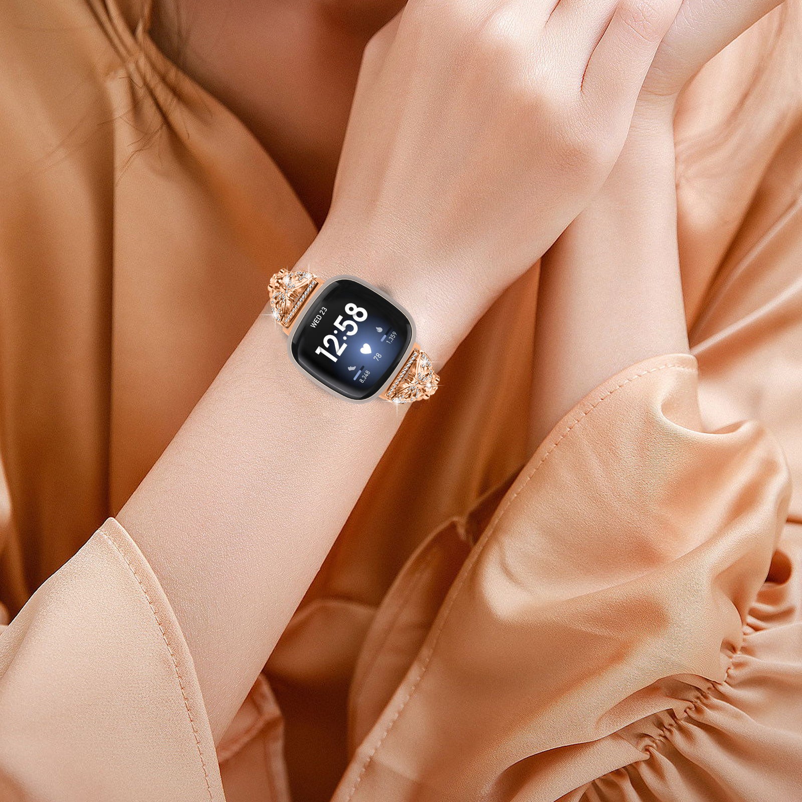 Uniqkart for Fitbit Versa 3 / Sense Stainless Steel Bracelet Butterfly Rhinestone Decor Watch Band - Rose Gold