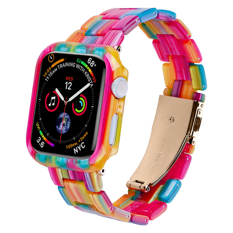 For Apple Watch Series 4 / 5 / 6 / SE / SE (2022) 44mm Replacement Resin Watch Strap Set with Watch Case Cover - Rainbow