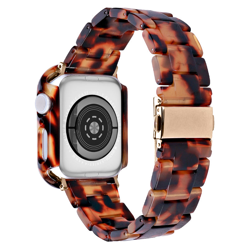 For Apple Watch Series 4 / 5 / 6 / SE / SE (2022) 44mm Replacement Resin Watch Strap Set with Watch Case Cover - Tortoiseshell Color