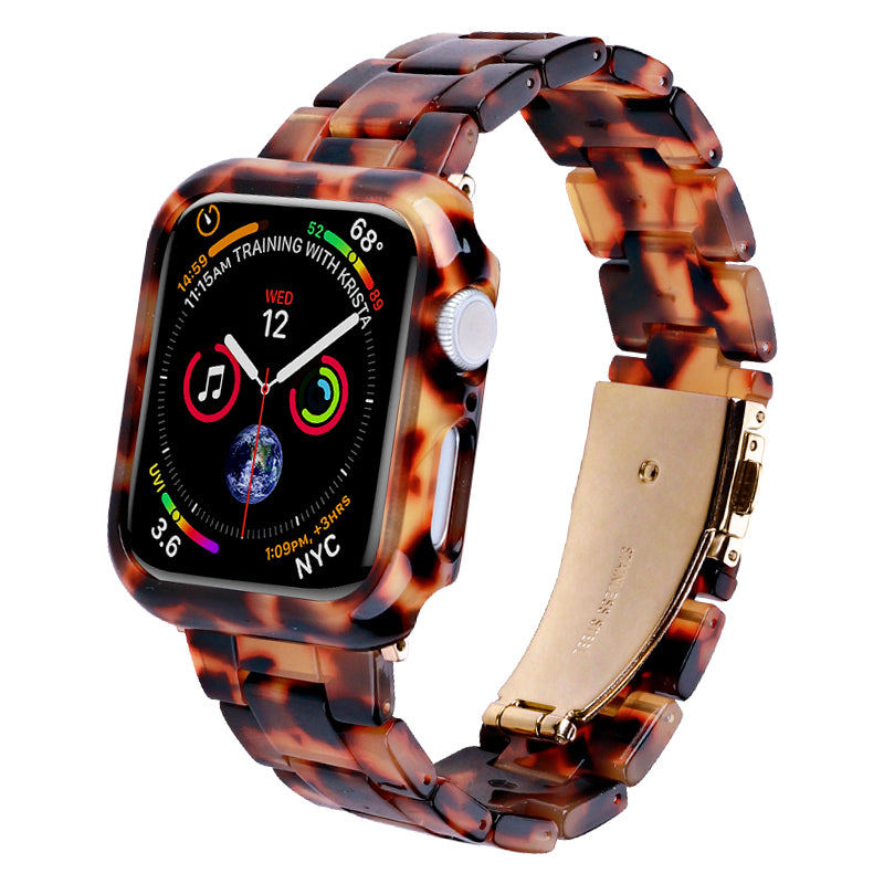 For Apple Watch Series 4 / 5 / 6 / SE / SE (2022) 44mm Replacement Resin Watch Strap Set with Watch Case Cover - Tortoiseshell Color