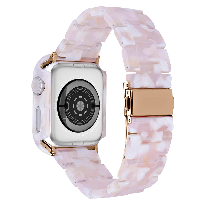 For Apple Watch Series 4 / 5 / 6 / SE / SE (2022) 44mm Replacement Resin Watch Strap Set with Watch Case Cover - Pink Flower