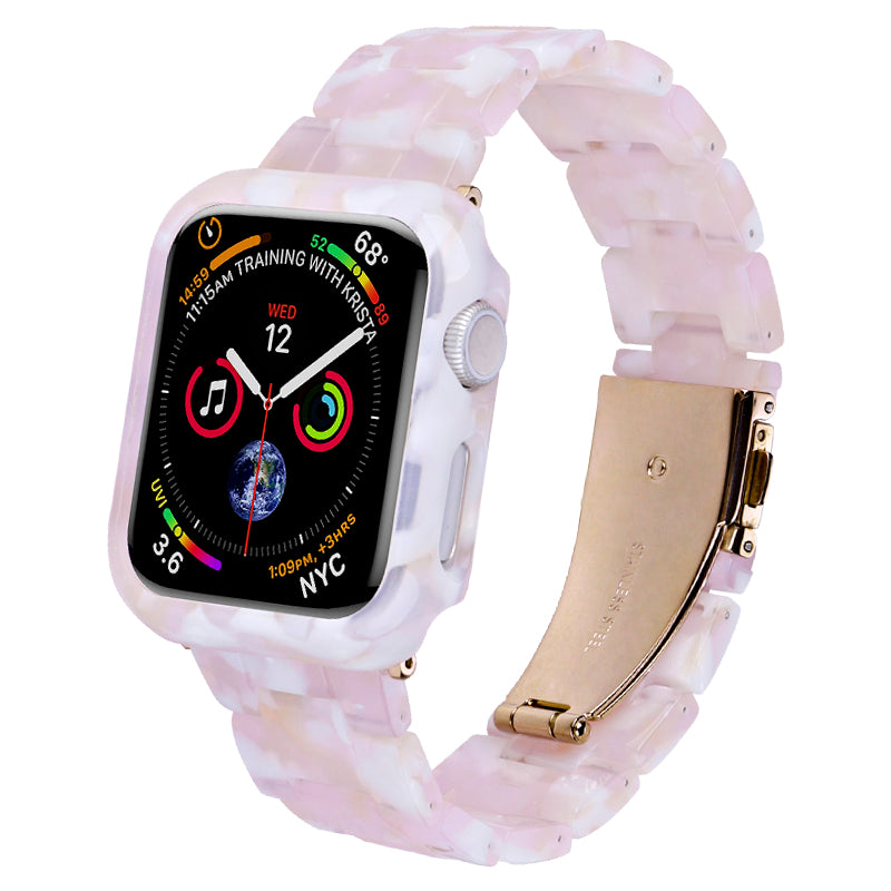 For Apple Watch Series 4 / 5 / 6 / SE / SE (2022) 44mm Replacement Resin Watch Strap Set with Watch Case Cover - Pink Flower
