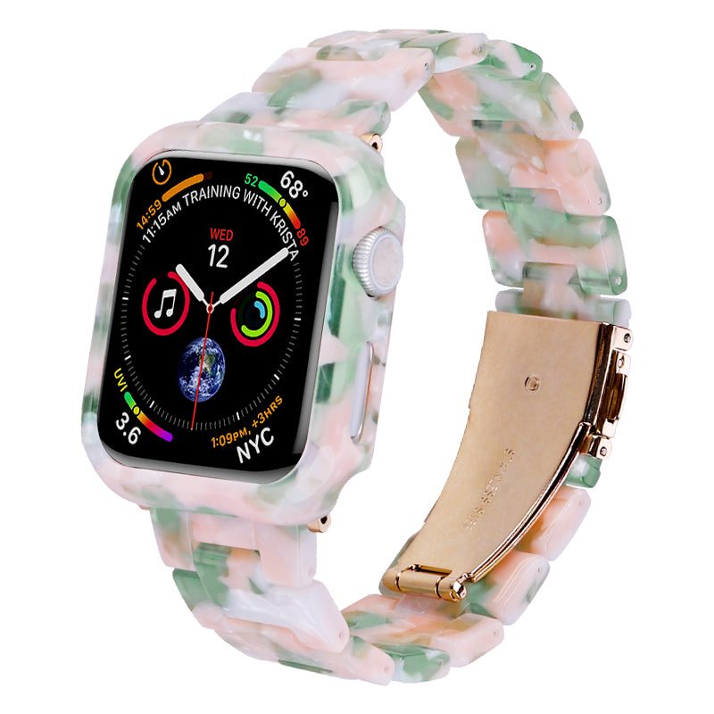 For Apple Watch Series 4 / 5 / 6 / SE / SE (2022) 44mm Replacement Resin Watch Strap Set with Watch Case Cover - Pink Green