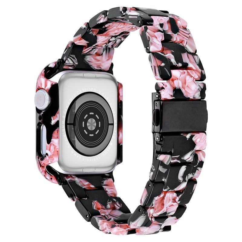 For Apple Watch Series 4 / 5 / 6 / SE / SE (2022) 44mm Replacement Resin Watch Strap Set with Watch Case Cover - Black Pink Flower