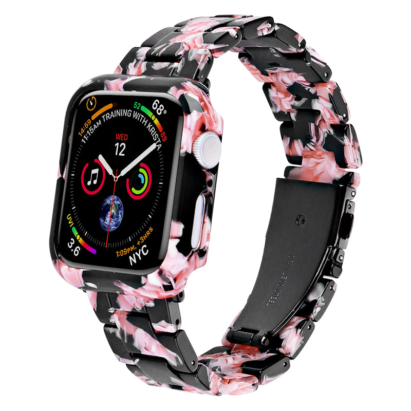 For Apple Watch Series 4 / 5 / 6 / SE / SE (2022) 44mm Replacement Resin Watch Strap Set with Watch Case Cover - Black Pink Flower