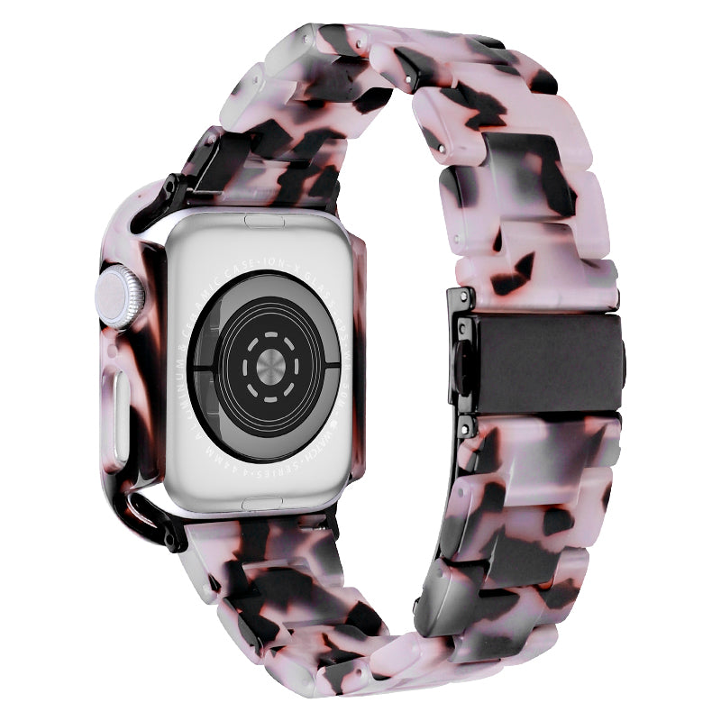 For Apple Watch Series 4 / 5 / 6 / SE / SE (2022) 44mm Replacement Resin Watch Strap Set with Watch Case Cover - Red Pink Flower