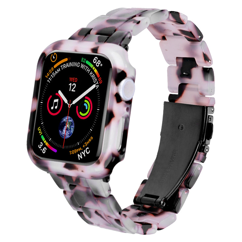 For Apple Watch Series 4 / 5 / 6 / SE / SE (2022) 44mm Replacement Resin Watch Strap Set with Watch Case Cover - Red Pink Flower