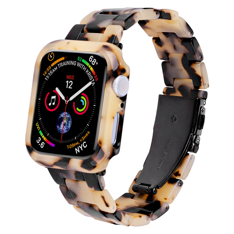 For Apple Watch Series 4 / 5 / 6 / SE / SE (2022) 44mm Replacement Resin Watch Strap Set with Watch Case Cover - Cow Pattern