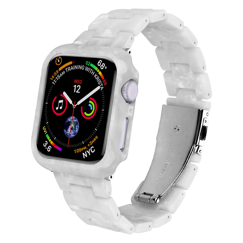 For Apple Watch Series 4 / 5 / 6 / SE / SE (2022) 44mm Replacement Resin Watch Strap Set with Watch Case Cover - Pearl White