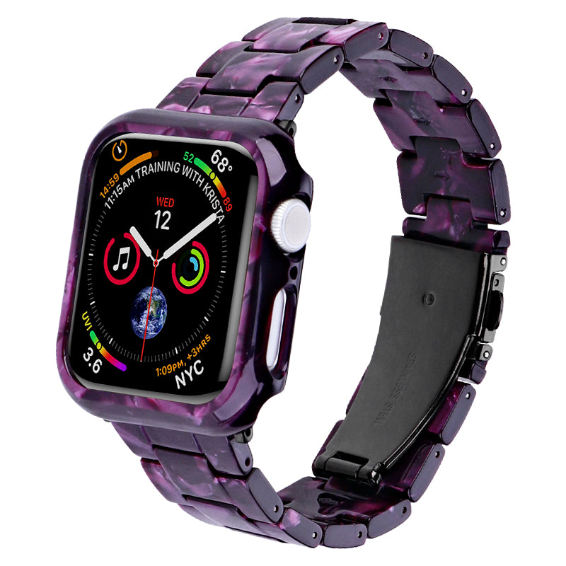 For Apple Watch Series 7 / 8 41mm Replacement Watch Strap Resin Watch Band Set with Watch Case Cover - Purple