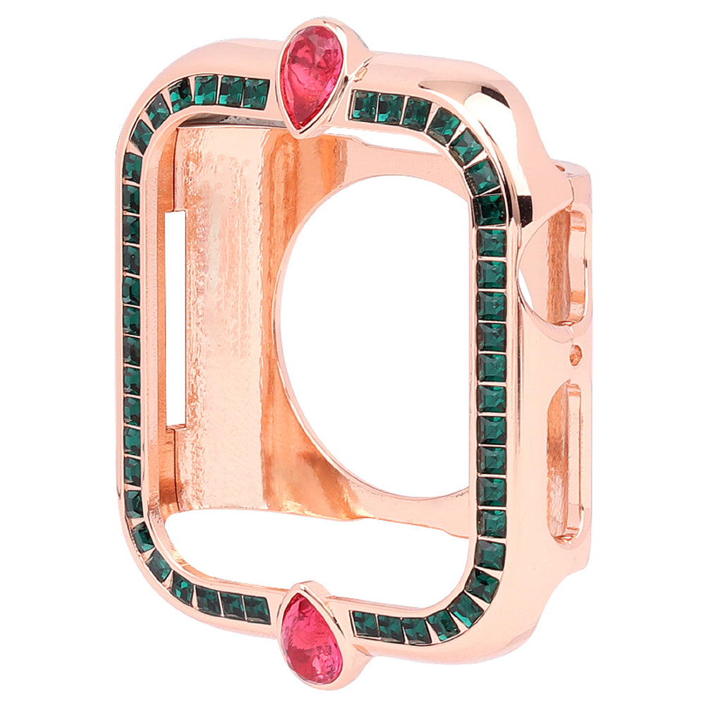 Water-drop Shape Rhinestone Decor Alloy Watch Case Scratch-resistant Protective Cover for Apple Watch Series 4 / 5 / 6 44mm / SE 44mm / SE (2022) 44mm - Rose Gold / Green Zircon