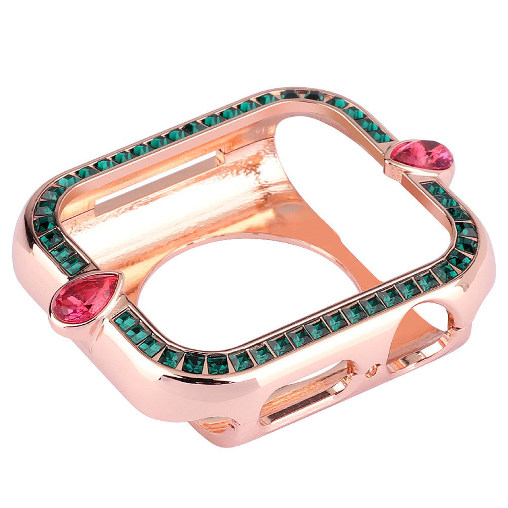 Water-drop Shape Rhinestone Decor Alloy Watch Case Scratch-resistant Protective Cover for Apple Watch Series 4 / 5 / 6 44mm / SE 44mm / SE (2022) 44mm - Rose Gold / Green Zircon