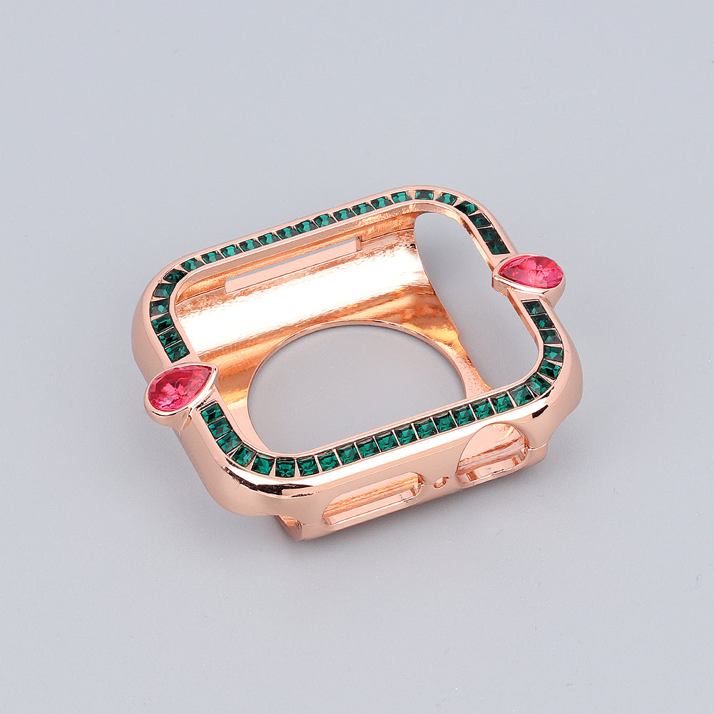 Water-drop Shape Rhinestone Decor Alloy Watch Case Scratch-resistant Protective Cover for Apple Watch Series 4 / 5 / 6 44mm / SE 44mm / SE (2022) 44mm - Rose Gold / Green Zircon