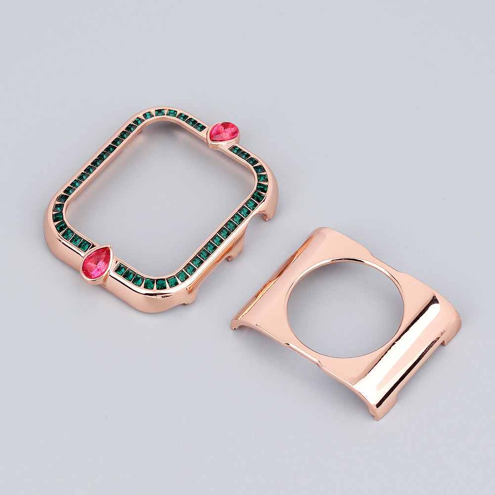 Water-drop Shape Rhinestone Decor Alloy Watch Case Scratch-resistant Protective Cover for Apple Watch Series 4 / 5 / 6 44mm / SE 44mm / SE (2022) 44mm - Rose Gold / Green Zircon