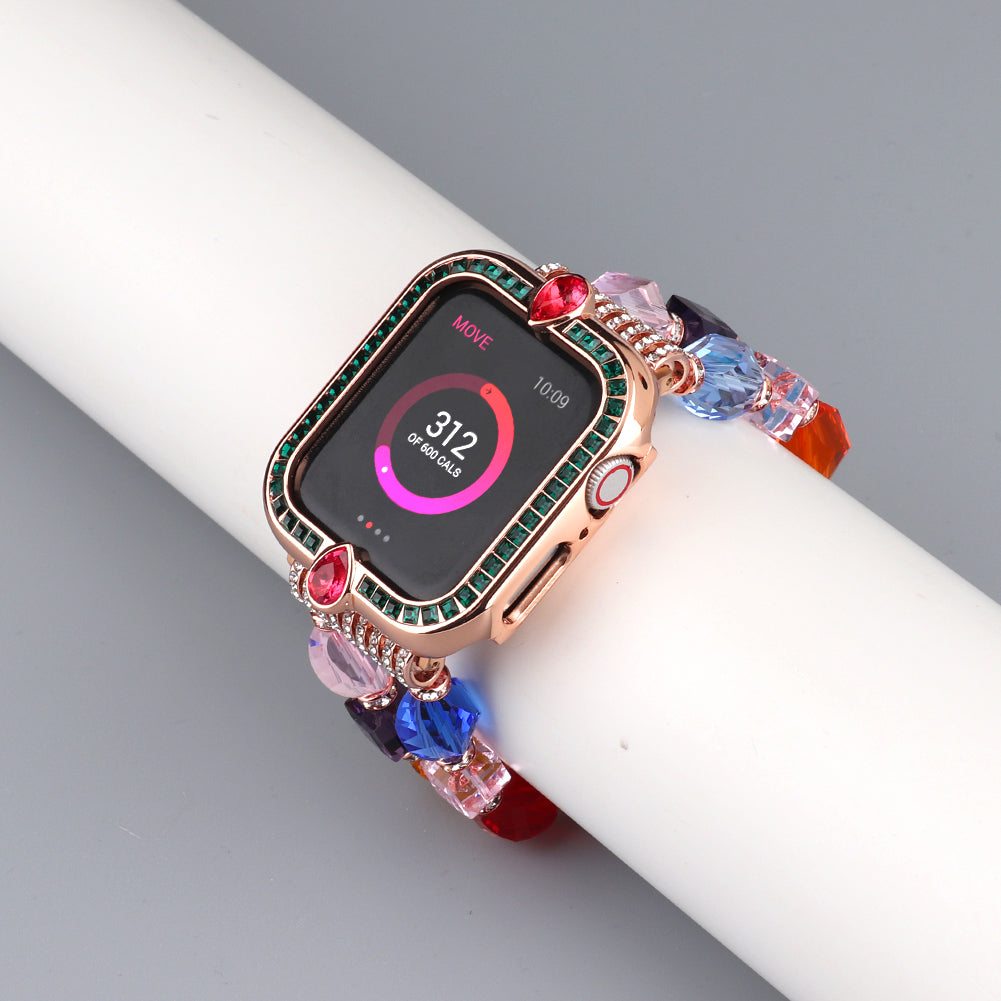 Water-drop Shape Rhinestone Decor Alloy Watch Case Scratch-resistant Protective Cover for Apple Watch Series 4 / 5 / 6 44mm / SE 44mm / SE (2022) 44mm - Rose Gold / Green Zircon