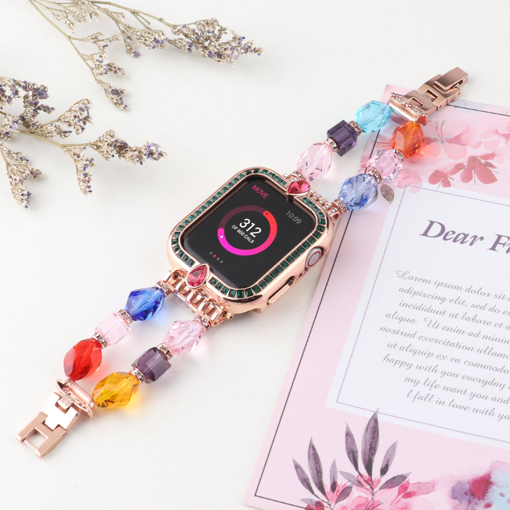 Water-drop Shape Rhinestone Decor Alloy Watch Case Scratch-resistant Protective Cover for Apple Watch Series 4 / 5 / 6 44mm / SE 44mm / SE (2022) 44mm - Rose Gold / Green Zircon