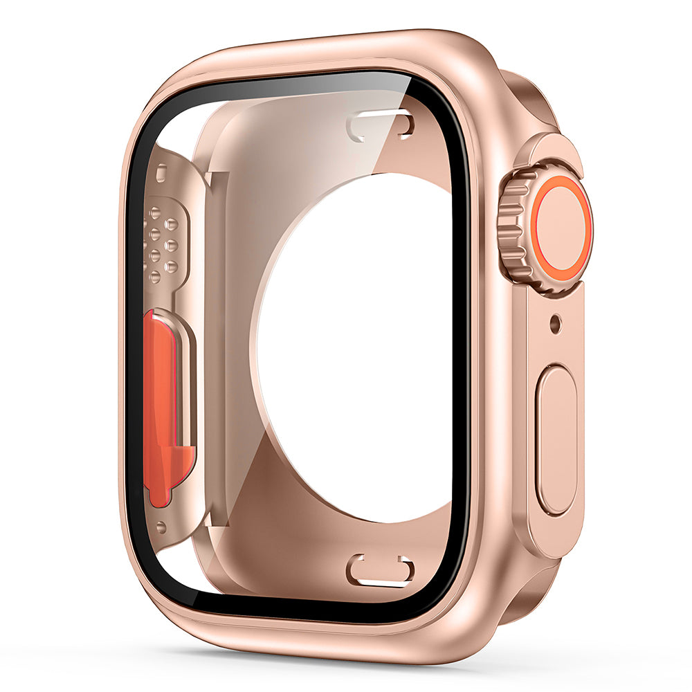 Uniqkart for Apple Watch Series 8 7 45mm Overall Protective Cover Hard PC Watch Case with Tempered Glass Screen Protector - Rose Gold