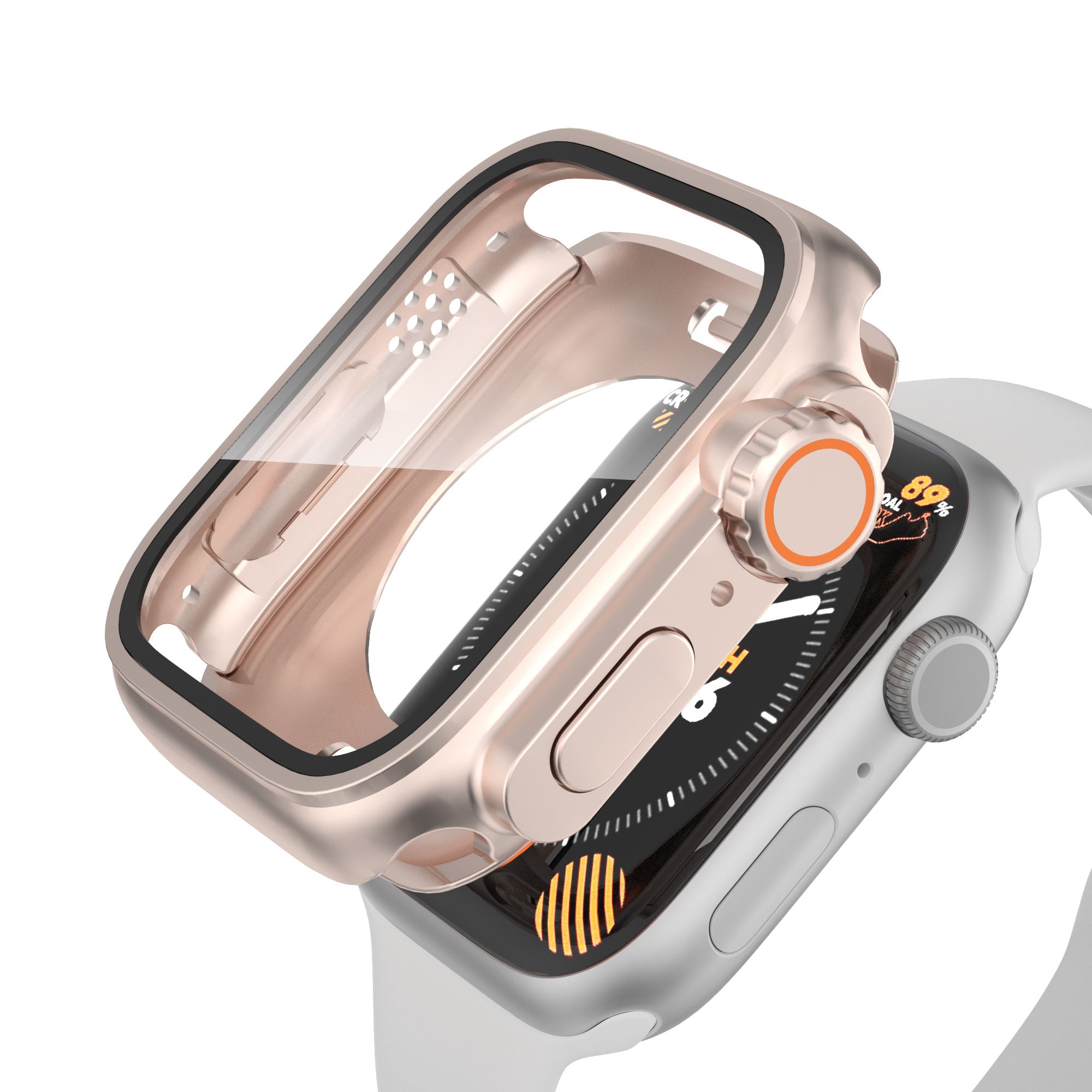 Waterproof Full Coverage Cover for Apple Watch Series 8 7 45mm , Hard PC Watch Case with Tempered Glass Screen Protector - Rose Gold