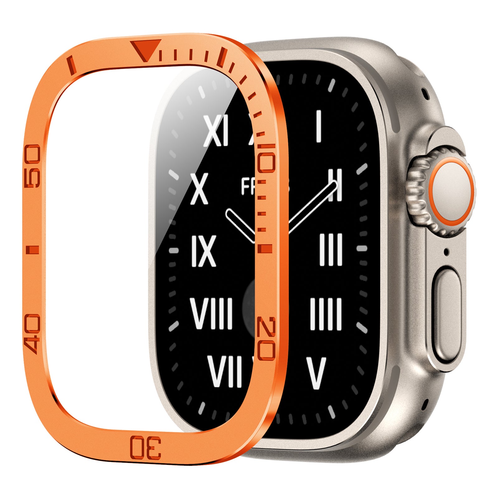 Uniqkart for Apple Watch Ultra 49mm Tempered Glass Screen Protector Numbers Marker Metal Frame with Built-in Clear Film - Orange