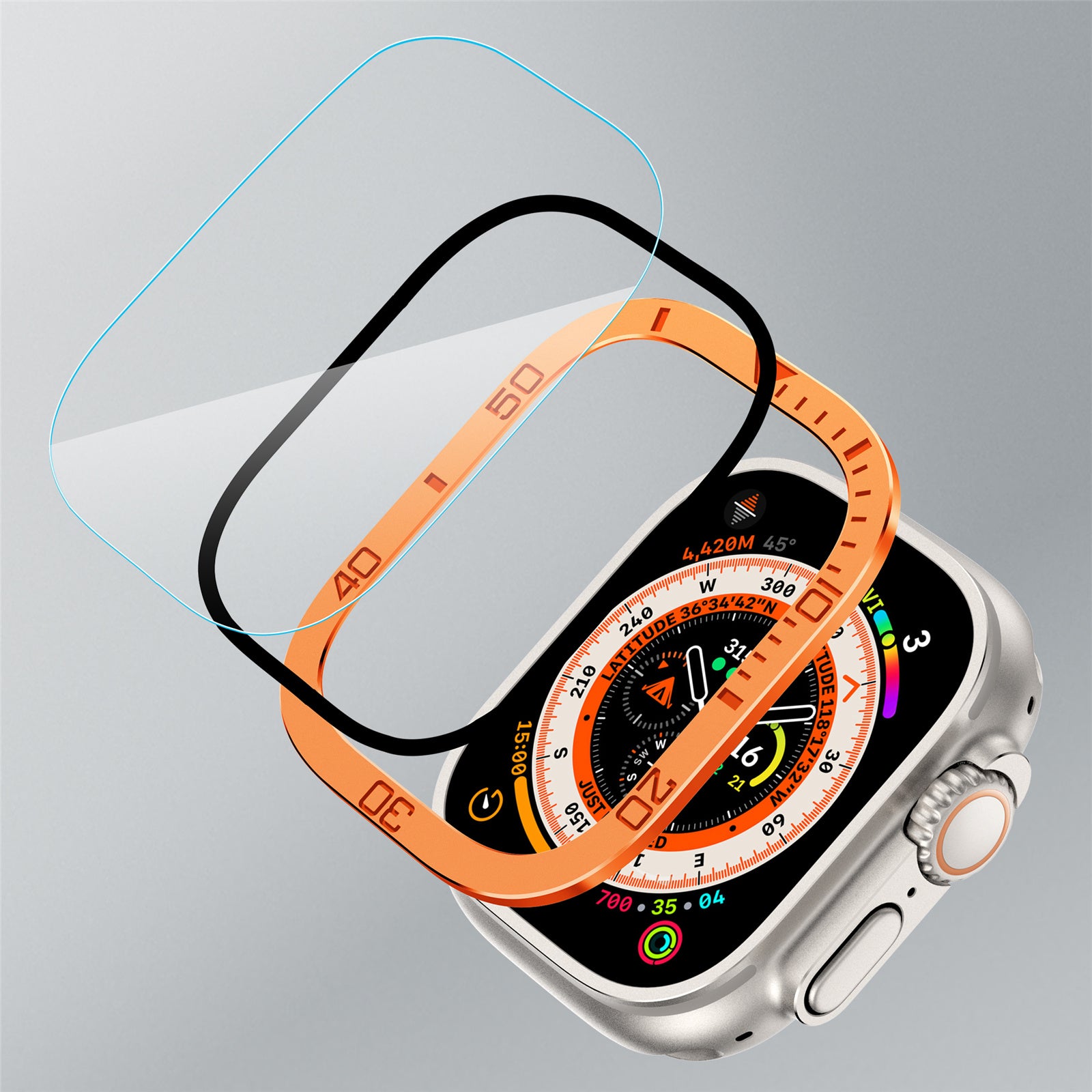 Uniqkart for Apple Watch Ultra 49mm Tempered Glass Screen Protector Numbers Marker Metal Frame with Built-in Clear Film - Orange