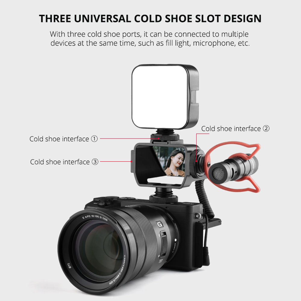 Yelangu A74 Vlog Selfie Flip Screen Cold Shoe Bracket Reverse Mirror Microphone Mount for Mirrorless Camera