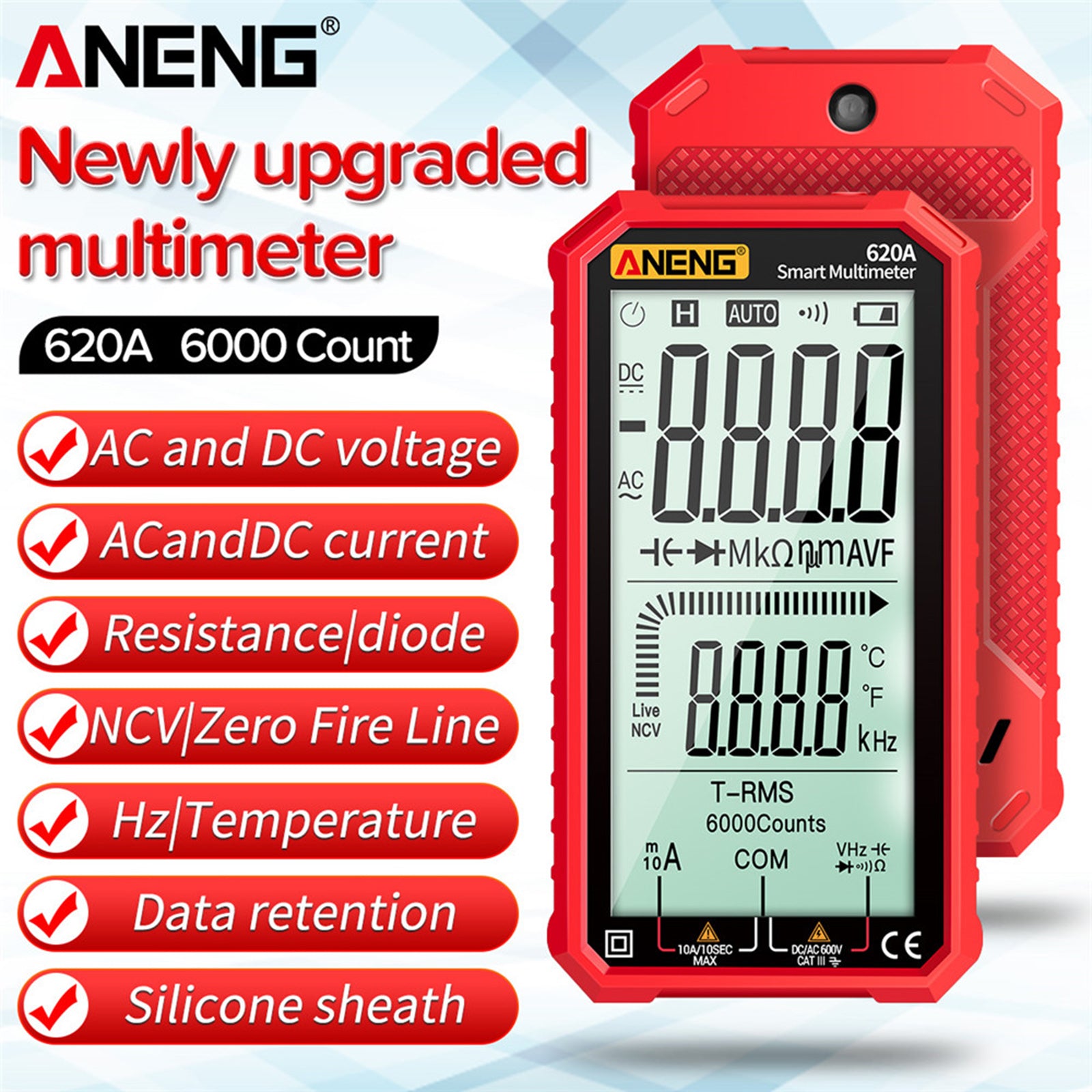 Digital Multimeter Transistor Testers Multi Meter 6000 Counts Red