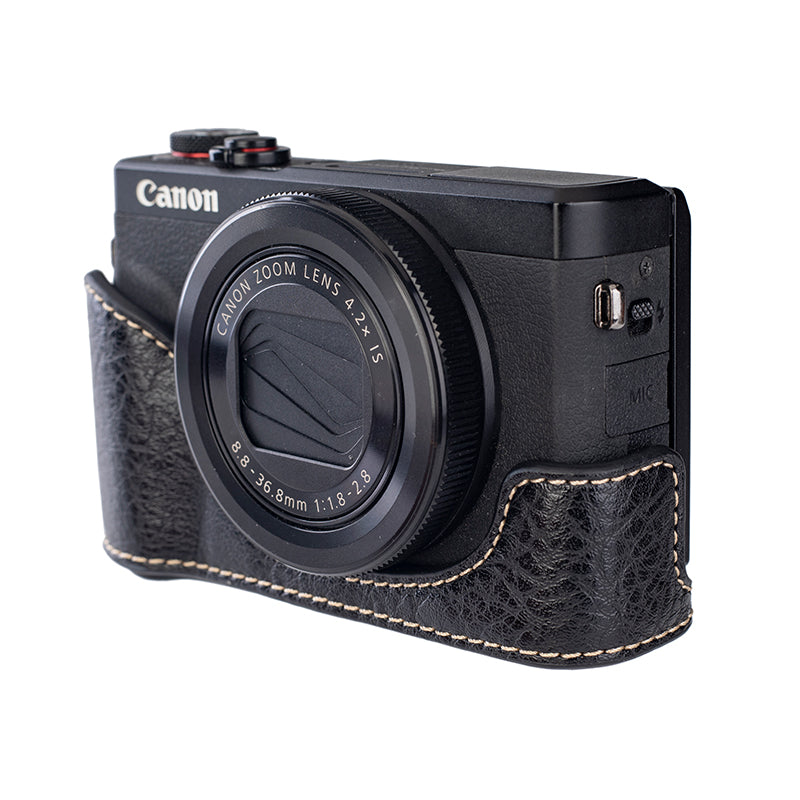for Canon G7 X Mark III/G7 X Mark II Detachable PU Leather Camera Bag Battery Opening Design Protective Cover with Shoulder Strap - Buffalo Texture/Black