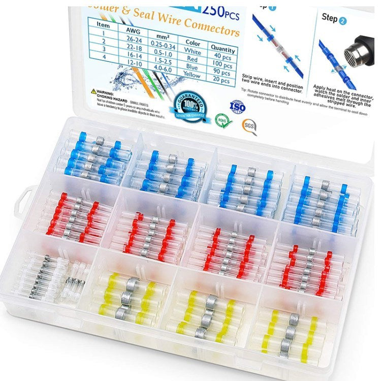 Solder Seal Wire Connectors Kit Waterproof Insulated Heat Shrink Butt Connectors Electrical Wire Terminals - 250pcs