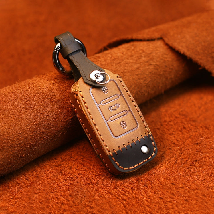 For Volkswagen Car Cowhide Leather Key Protective Cover Key Case, D Version(Brown)