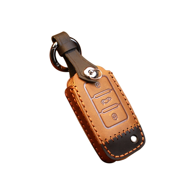 For Volkswagen Car Cowhide Leather Key Protective Cover Key Case, D Version(Brown)