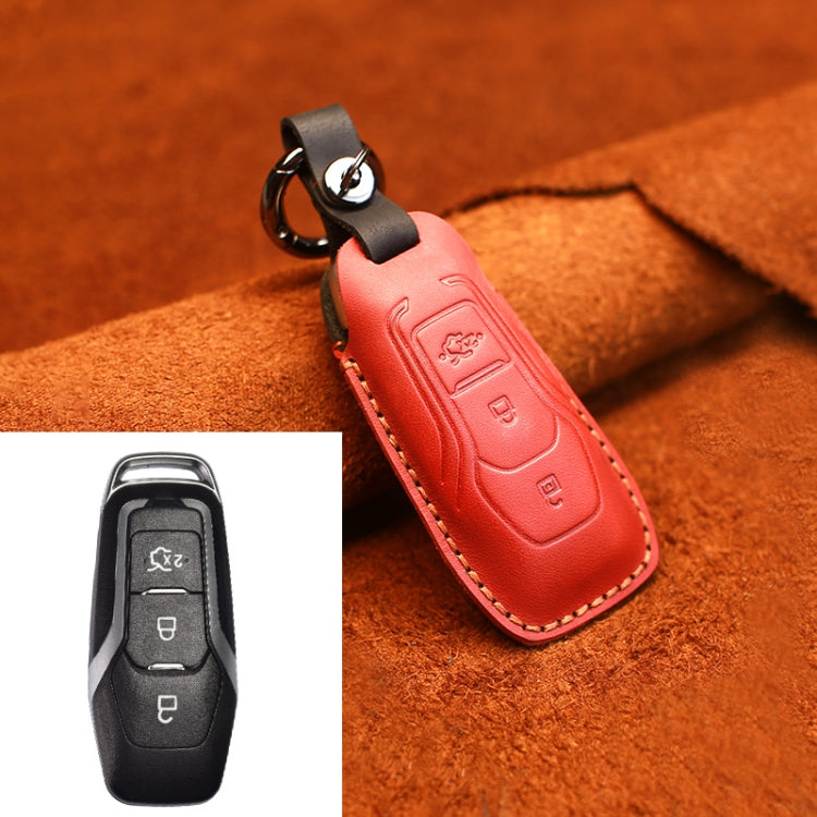 For Ford Old Style Car Cowhide Leather Key Protective Cover Key Case (Red)