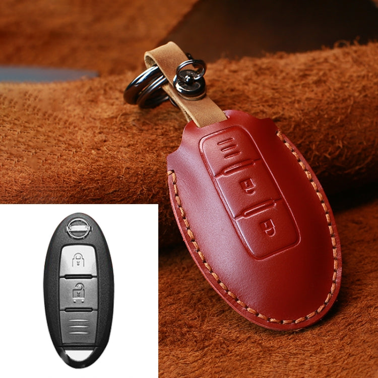 For Nissan Car Cowhide Leather Key Protective Cover Key Case, Three Keys Horizontal Line Version (Red)