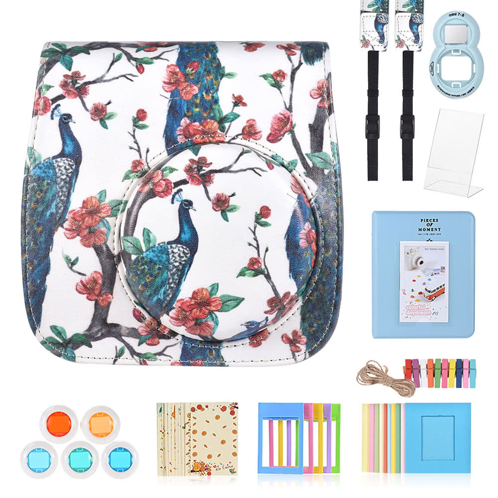 8-in-1 Accessories Kit for Fujifilm Instax Mini 8/8+/8s/9 [Camera Case/Strap/Selfie Mirror/Filter/Album/Photo Frame/Photo Sticker] - Peacock and Flowers