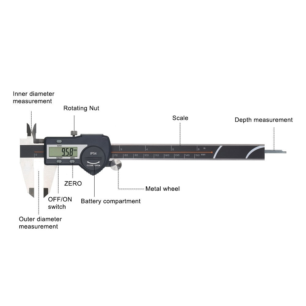 Digital Stainless Steel Caliper mm/inch LCD Display Vernier Caliper IP54  Waterproof - 0-200mm