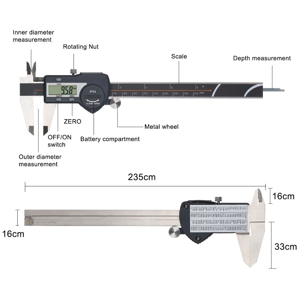 Digital Stainless Steel Caliper mm/inch LCD Display Vernier Caliper IP54  Waterproof - 0-150mm