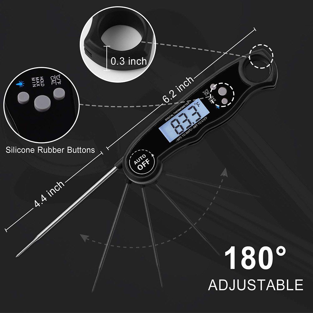 Waterproof Digital Instant Read Food Meat Thermometer with 4.7?Foldable Probe Calibration Function - Black