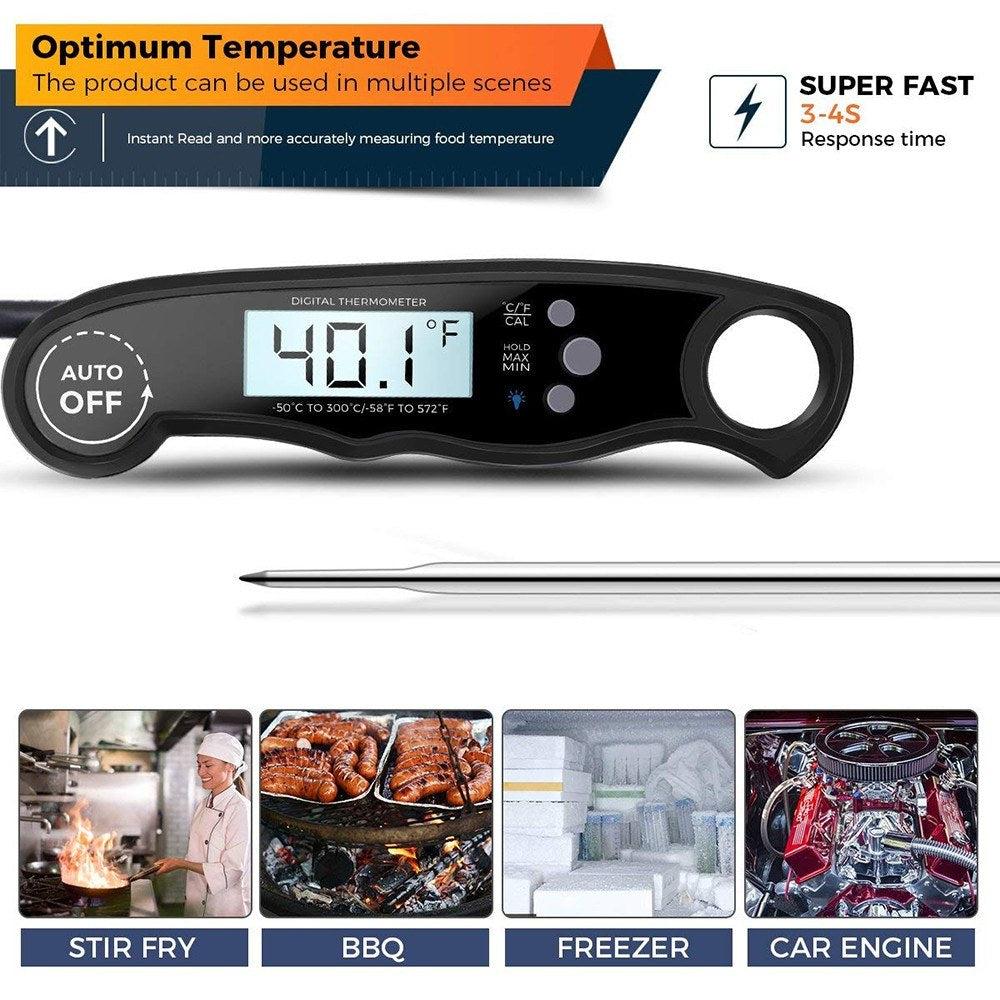 Waterproof Digital Instant Read Food Meat Thermometer with 4.7?Foldable Probe Calibration Function - Black