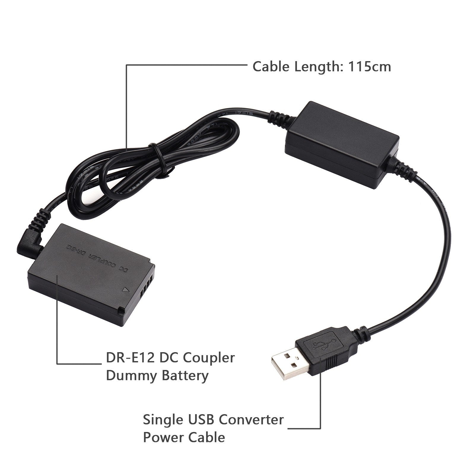 Andoer DR-E12 USB Power Kit DC Coupler with USB DC Converter Power Cable Compatible with Canon EOS M M2 M10 M50 M100 M200 Cameras