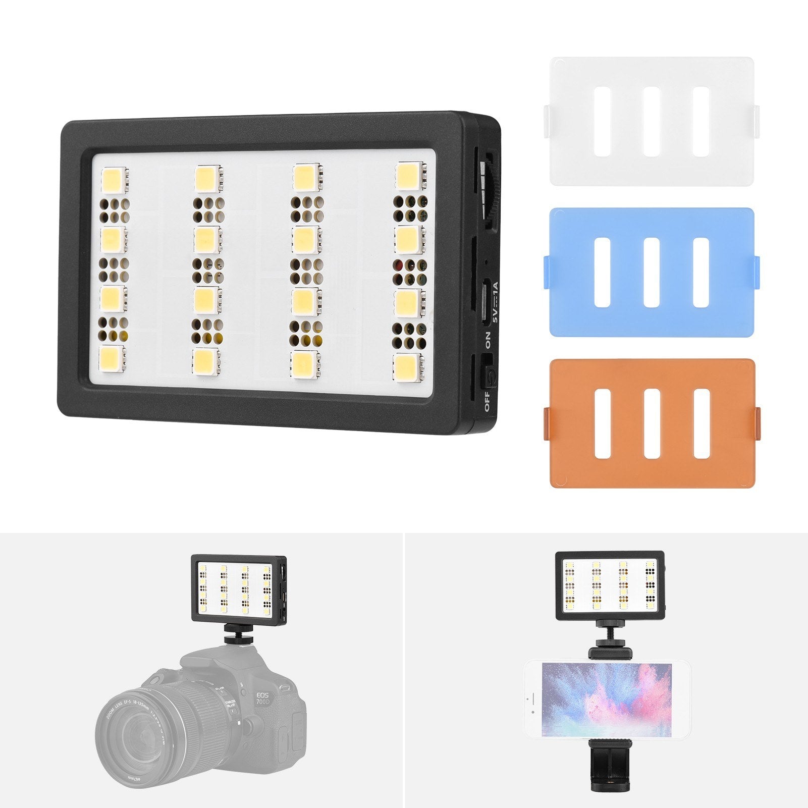 MCOPLUS Mini Video LED Light Panel On-camera Light 5.5W 5500K CRI95+ 16 Beads Dimmable with Diffuser Panel 1/4 Cold Shoe Adapter Rechargeable 2200mAh Battery