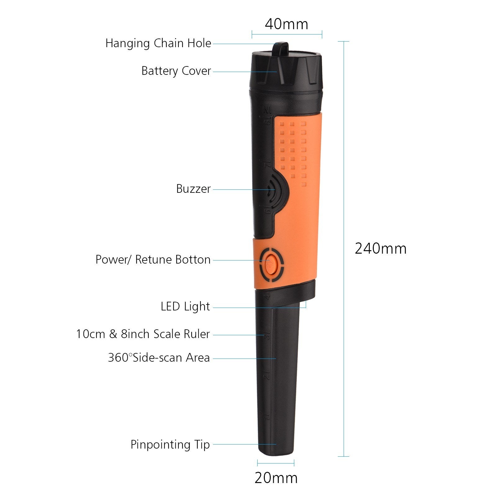 Metal Detector Pinpointer IP68 Waterproof Treasure Pinpointing Finder Accessories Buzzer Vibration with Holster