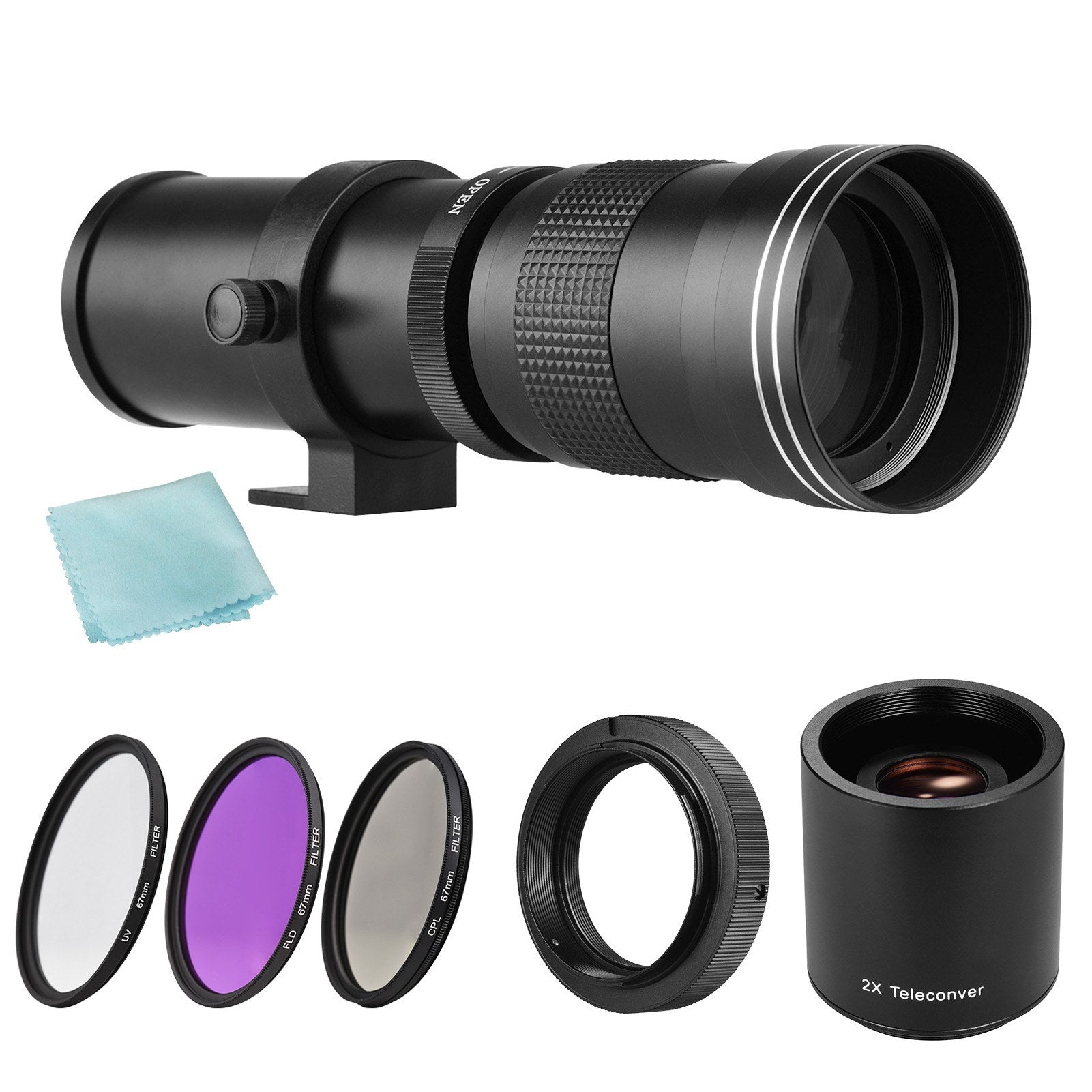 Camera MF Telephoto Zoom Lens F/8.3-16 420-800mm T Mount + UV/CPL/FLD Filters Set +2X 420-800mm Teleconverter Lens + T2-AF Adapter Ring for Sony AF Mount A900/A850/A700/A580/A560/A550/A500/A99/A77