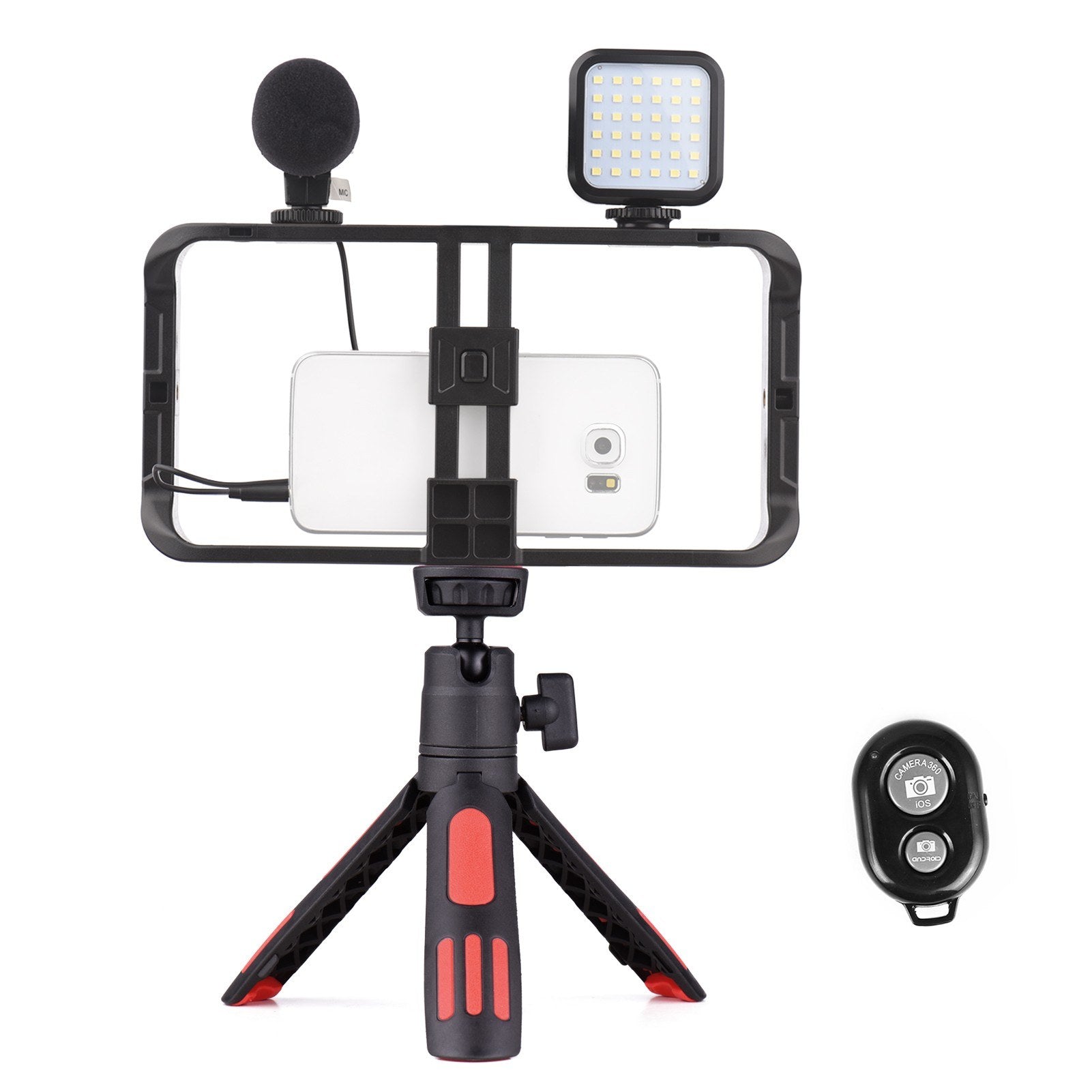 Andoer Dual Handheld Phone Cage Vlog Kit LED Video Light + Cardioid Microphone + Phone Video Rig Stabilizer Grip + TRS to TRS/TRRS Audio Cable + Tripod + Remote Control