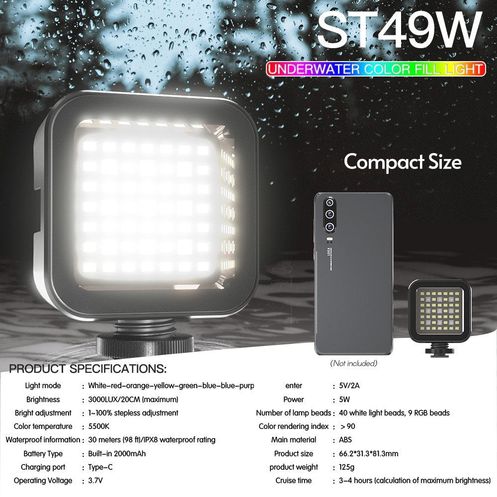 30m/98ft Portable Waterproof RGB LED Video Light Dimmable Brightness Mini Camera Light 5500K Color Temperature with Cold Shoe 1/4 inch Screw