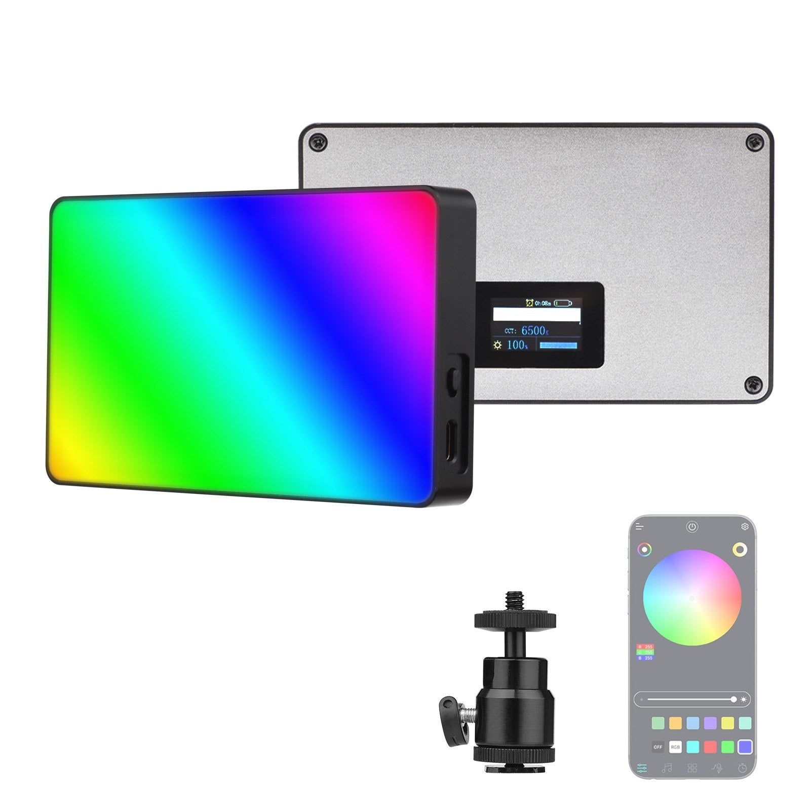 Andoer APP Control 360-degree Full Color RGB Photography Light Lightweight Professional LED Video Light Bi-Color Temperature 3000K-6500K Dimmable Brightness with Grid Soft Cover Storage Bag