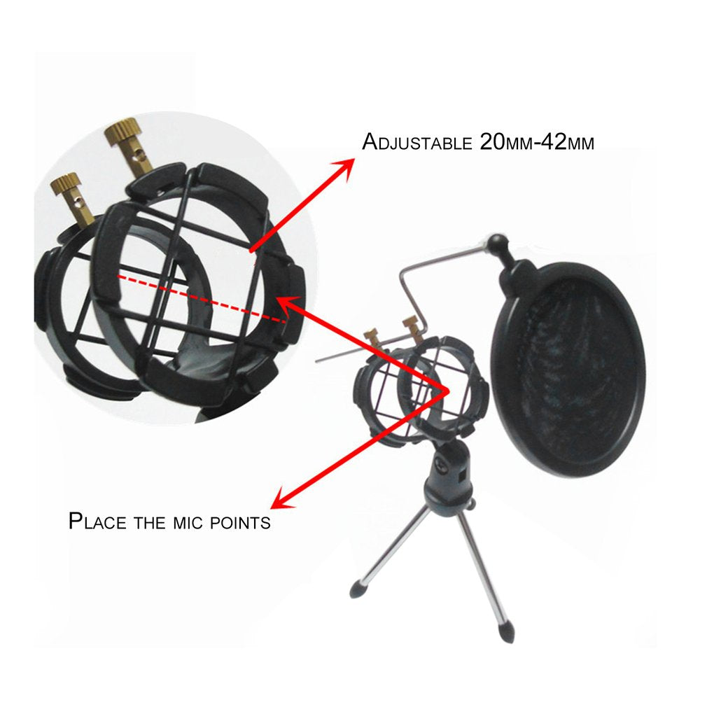 Microphone Tripod Stand Foldable Desktop Mic Bracket with Clip and Pop Filter