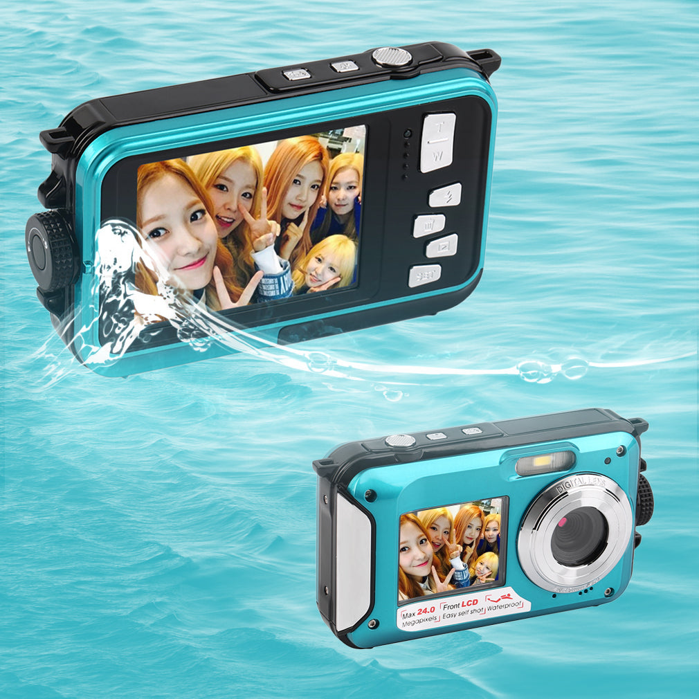 Waterproof 24MP 1080P Double Screen Digital Camera 16X Zoom Camcorder - Blue