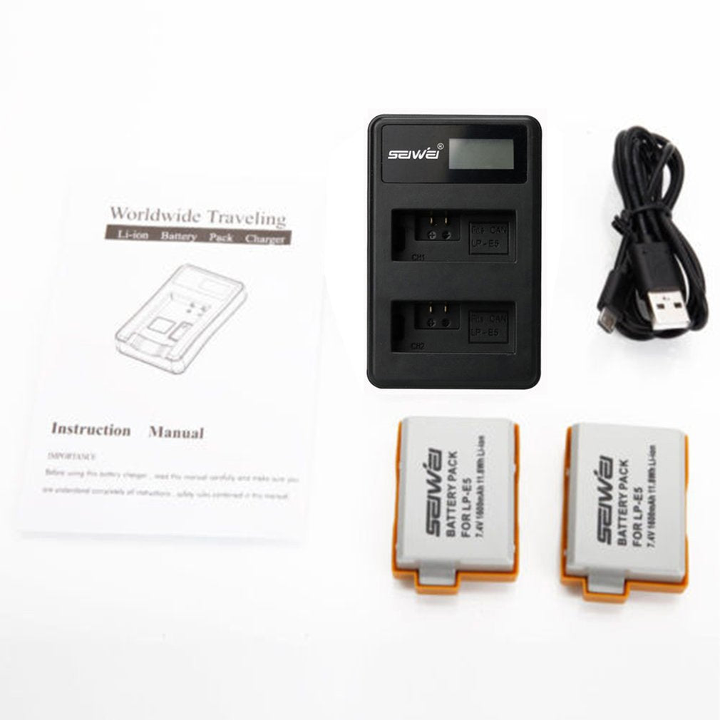 2PCS LP-E5 1600mAh Battery + LCD USB Dual Slot Charger Kit for Canon Digital Camera