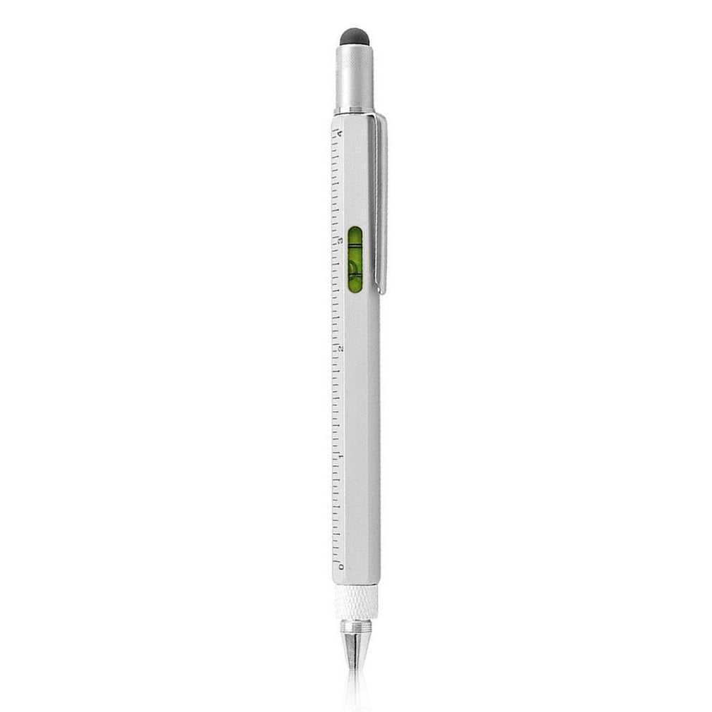 Multi-function Ballpoint Pen Screwdriver Stylus Ruler Leveler Scale Pen Tool - Silver