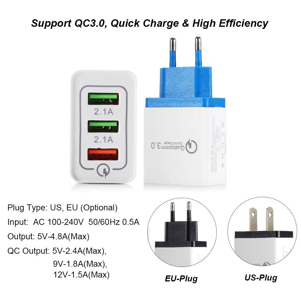Portable Travel Home Universal 3-Port USB Wall Charger QC3.0 - EU Plug